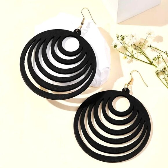 Earrings Wood Large Hollow Cut Bohemian Dangle Boho Carved Hippie Trendy Black - Picture 2 of 3